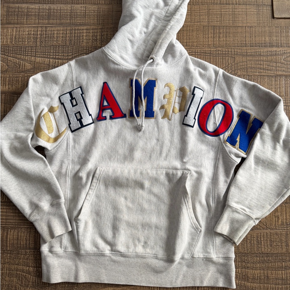 Champion Light Gray Hoodie with Multicolor Logo